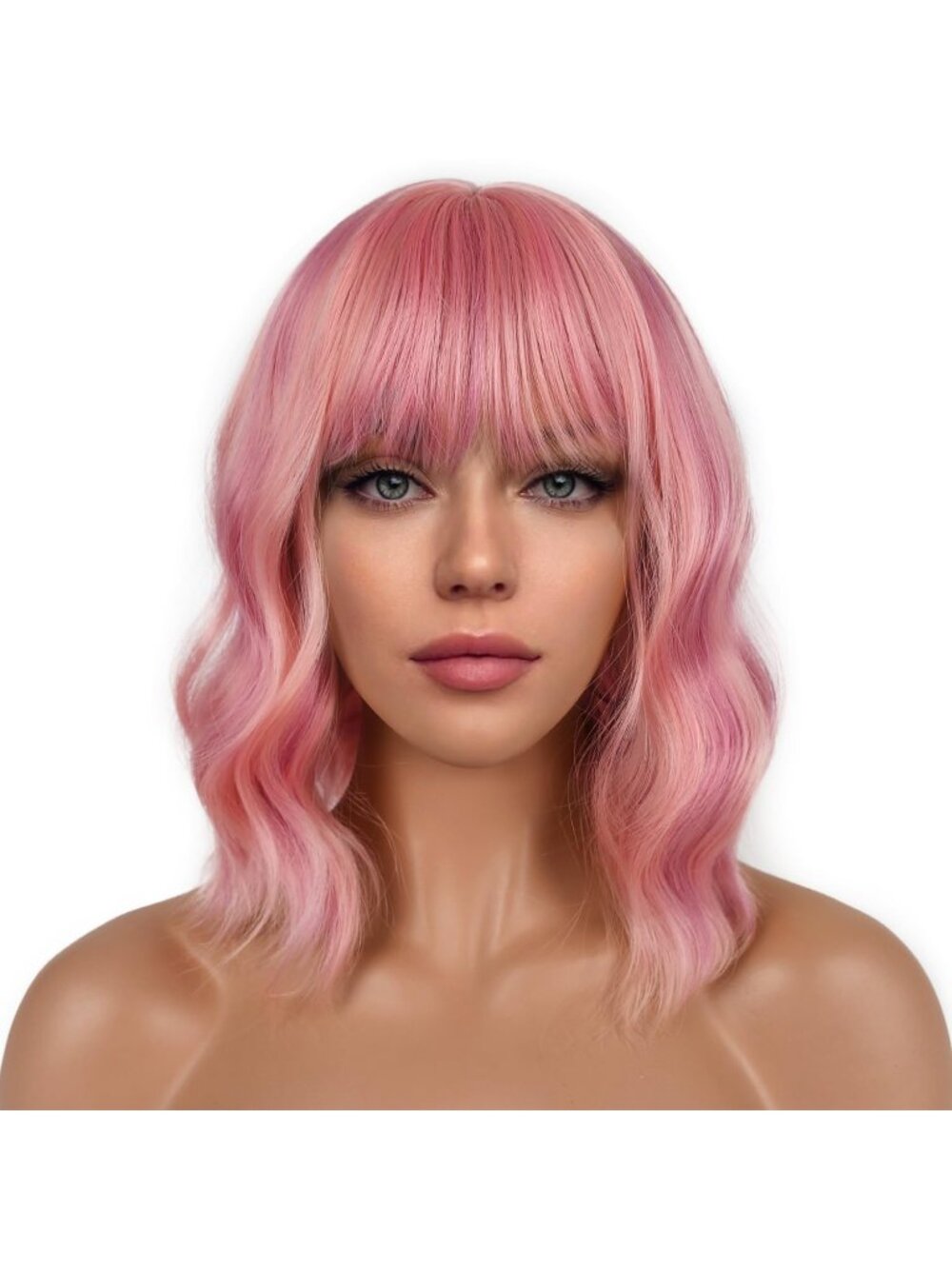 Women's Mint Green Shoulder Length Synthetic Loose Wavy Short Bob Wigs Bangs